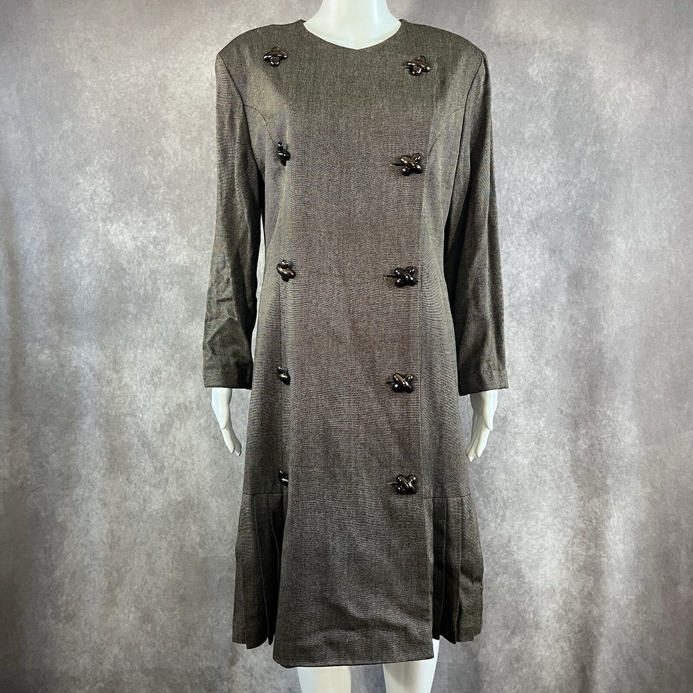 Ronnie Heller I Magnin Dress Womens 12 Brown Double Breasted Pleated Drop Waist